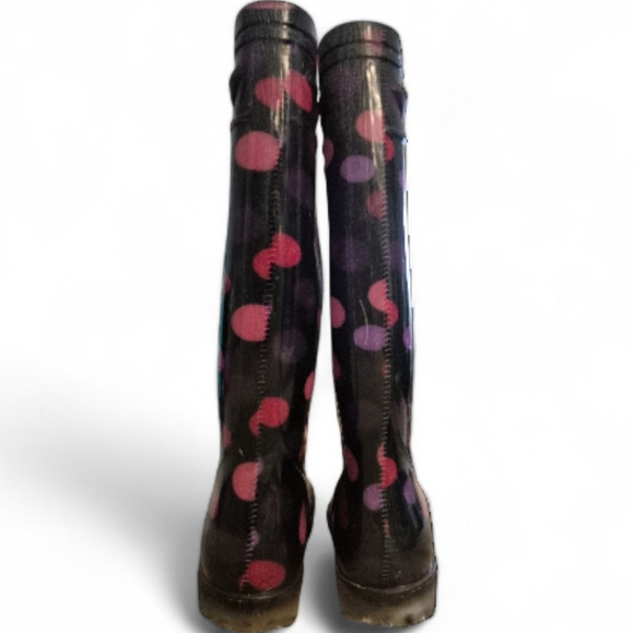 Fun Black Pink Purple Polka Dot High Gloss Waterproof Rain Boots - Size 40 (US 9 - Picture 4 of 6